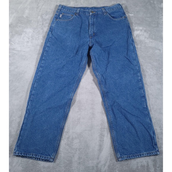 Carhartt Jeans Men 38x30 (Fits 36x30) Blue Flannel Lined Relaxed Fit Work Pants - Picture 1 of 11
